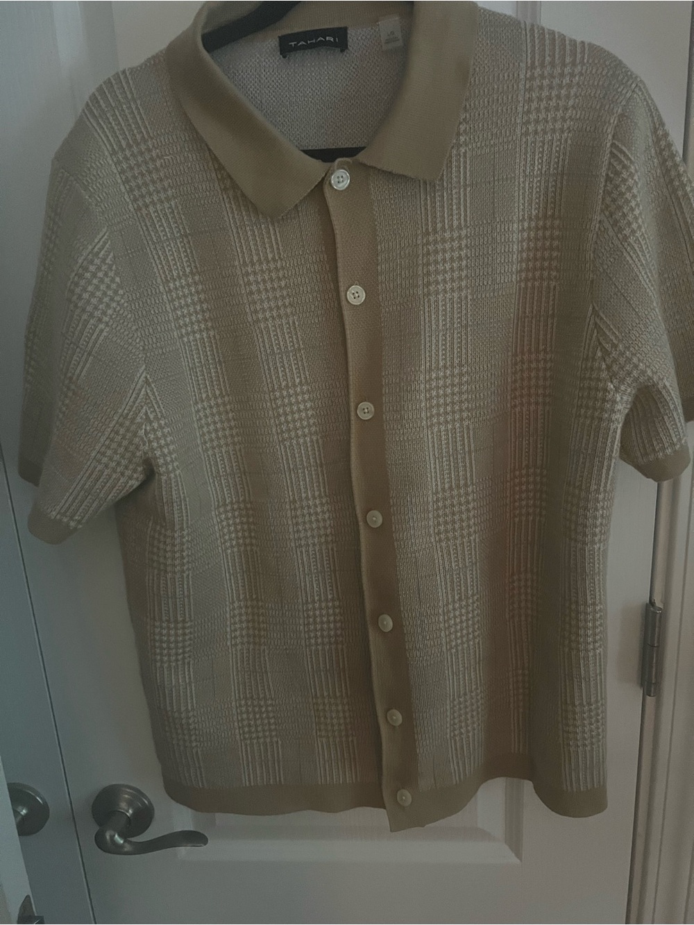 Tahari Beige Short-Sleeve Button-Front Polo